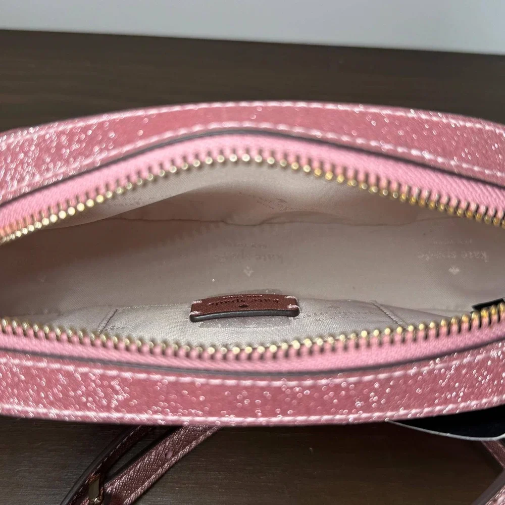 Kate Spade Crossbody Bag Glimmer Pink Glitter Oval Camera Bag Small NWT